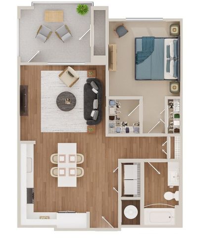 Modern 1-bedroom floor plan with open living space, sleek kitchen, cozy terrace, and stylish bathroom.