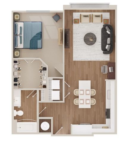 Modern floor plan featuring one spacious bedroom, open-concept living and dining area, sleek kitchen, and inviting bathroom.