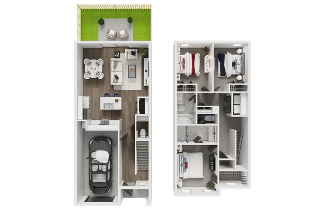Elegant 3D floor plan showcasing a modern townhouse with an open-concept living and dining area, spacious kitchen, attached garage, and lush patio. Upstairs features three cozy bedrooms and two contemporary bathrooms, designed for comfortable family living.