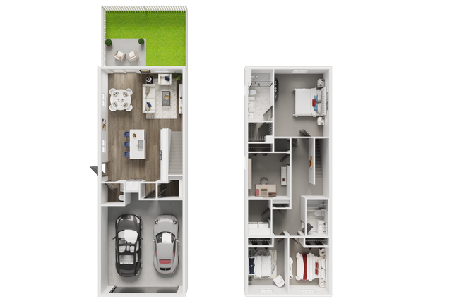 Modern 3D floor plan showcasing four bedrooms, open living area, stylish kitchen, and two-car garage with backyard space.