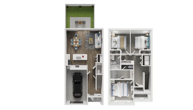 Modern 3D floor plan featuring a stylish two-bedroom layout, open-concept kitchen and living area, private patio, and attached garage. Ideal for comfortable living.