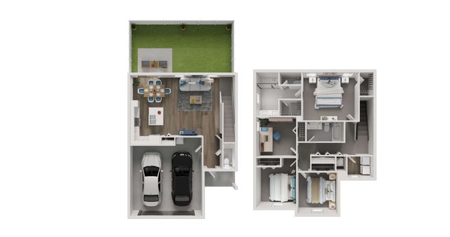 Modern 3D floor plan showcasing a two-story layout with a lush backyard, spacious living area, open kitchen, three bedrooms, and a double garage.
