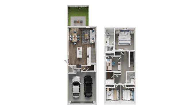 Spacious 3D floor plan showcasing a modern layout with 3 bedrooms, a cozy living area, open kitchen, and a two-car garage. Features a charming outdoor patio for relaxation.