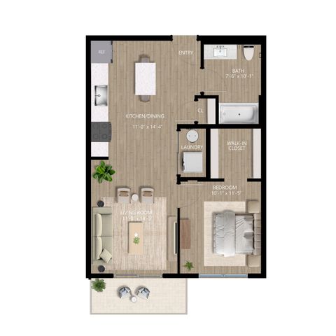 Contemporary floor plan showcasing one-bedroom apartment with open kitchen and dining, inviting living room, and spacious walk-in closet.