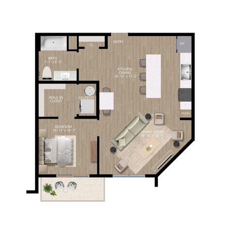 Elegant floor plan showcasing a spacious 1-bedroom apartment with a cozy living room, modern kitchen/dining area, walk-in closet, laundry room, and inviting outdoor patio.