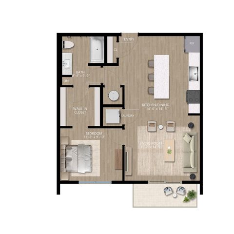 Modern floor plan featuring a spacious one-bedroom apartment with a walk-in closet, open kitchen and dining area, cozy living room, and convenient laundry facilities.