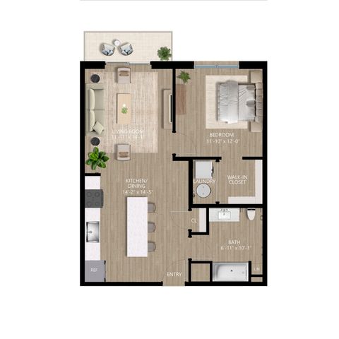 Modern floor plan showcasing an open-concept kitchen and dining area, inviting living room, a spacious bedroom with walk-in closet, complete with laundry and bath amenities.