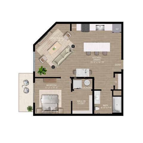 Elegant floor plan showcasing a spacious living room, modern kitchen with dining area, one cozy bedroom, large walk-in closet, and private outdoor terrace.