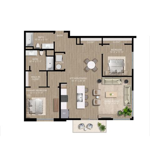 Chic floor plan showcasing 2 bedrooms, spacious living room, modern kitchen/dining area, and 2 baths, ideal for comfortable living.