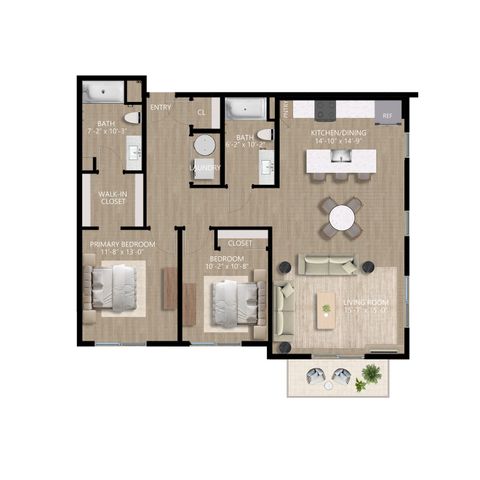 Modern floor plan showcasing a stylish 2-bedroom apartment with a primary bedroom, open-concept kitchen and dining area, spacious living room, and two elegant bathrooms. Includes a walk-in closet and laundry space for added convenience.