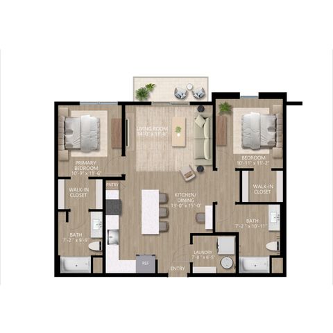Modern 2D floor plan featuring a spacious living room, two cozy bedrooms, stylish kitchen with dining area, and two baths. Includes a laundry area and two walk-in closets.