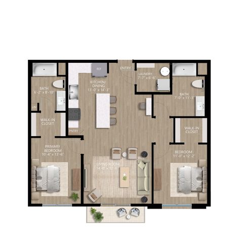 Elegant floor plan showcasing a modern 2-bedroom apartment with spacious living room, open kitchen, and two luxurious bathrooms.