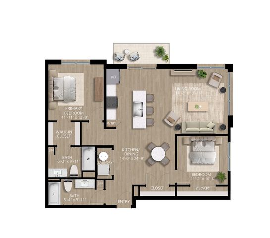 Elegant floor plan showcasing a primary bedroom with walk-in closet, additional bedroom, open kitchen with island, spacious living room, and two modern bathrooms.