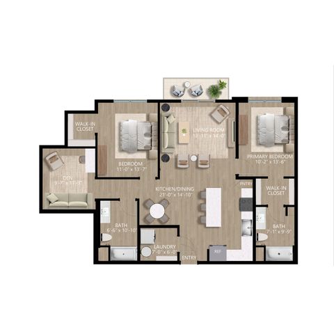 Modern floor plan showcasing 2 bedrooms, a spacious living room, open kitchen/dining area, cozy den, and two stylish bathrooms. Features walk-in closets and a laundry area for convenience.