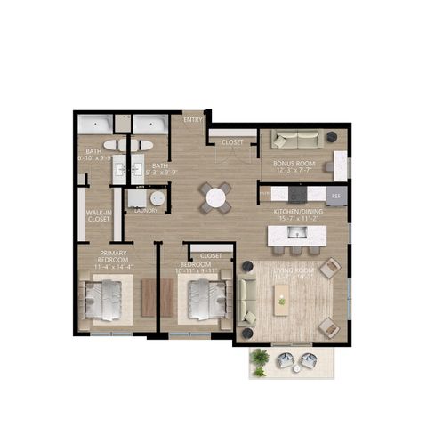 Inviting apartment floor plan with 2 bedrooms, modern kitchen/dining area, spacious living room, and bonus room for versatile use.