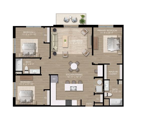 Modern 3-bedroom floor plan featuring an open kitchen and dining area, inviting living room, walk-in closet, and two elegant bathrooms.