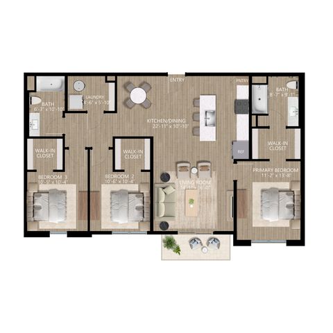 Modern floor plan featuring 3 spacious bedrooms, an open kitchen and dining area, cozy living room, and two elegant bathrooms, complete with walk-in closets and a laundry area.
