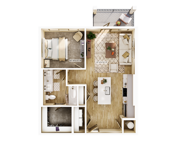 Elegant floor plan featuring a cozy bedroom, modern living room, stylish kitchen, and a private balcony.