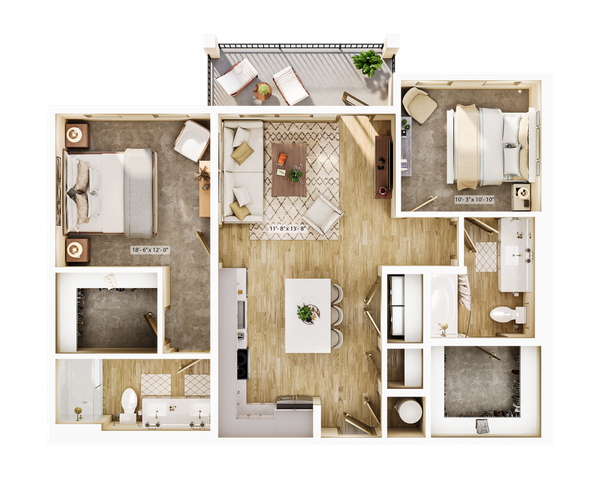 Elegant apartment floor plan with 2 bedrooms, cozy living room, spacious kitchen, and a private balcony for relaxing.