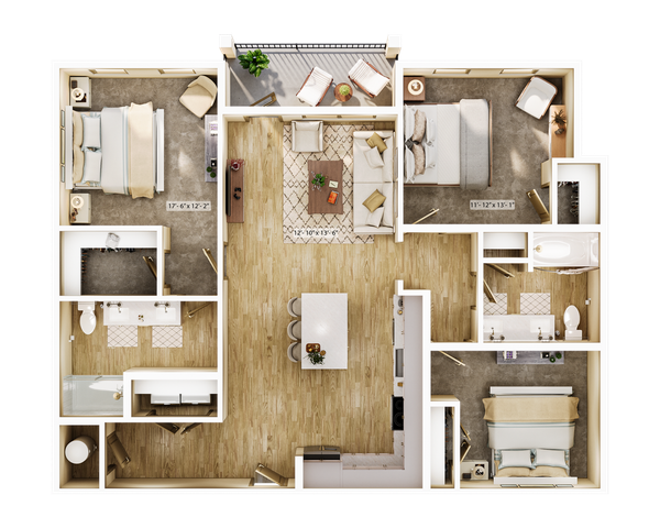 Modern floor plan showcasing a luxurious layout with 3 bedrooms, open-concept living room, and a stylish kitchen adjacent to dual modern bathrooms, complemented by a welcoming balcony space.
