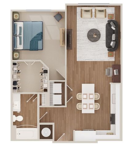 Modern floor plan featuring a spacious bedroom, elegant open-plan living area, stylish kitchen, and cozy bathroom layout.