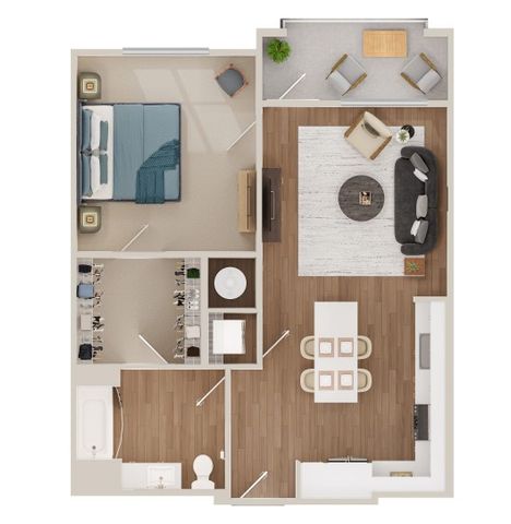 Modern 1-bedroom apartment floor plan featuring an open living area, sleek kitchen, cozy balcony, and a spacious bathroom.