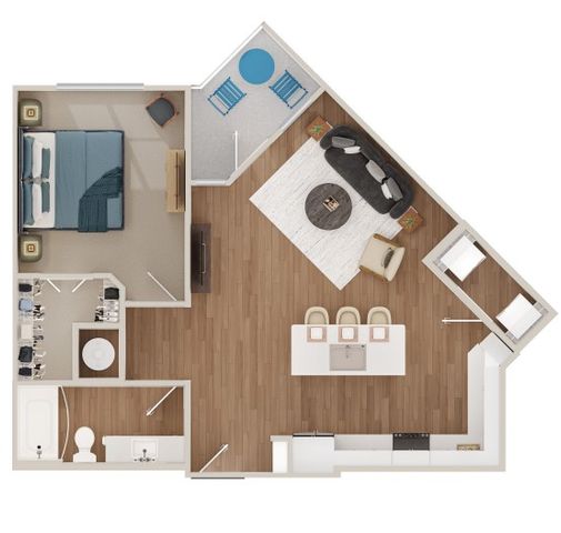 Modern 1-bedroom apartment floor plan featuring open-concept living and dining area, stylish kitchen with island, and cozy balcony.
