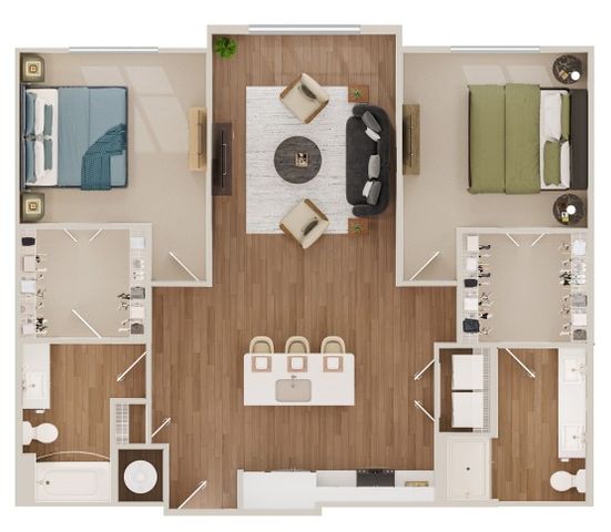 Modern floor plan showcasing 2 cozy bedrooms, a spacious living room, and an open kitchen layout.