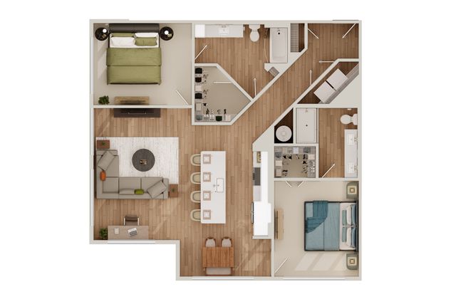 Modern floor plan featuring 2 cozy bedrooms, open living and dining area, stylish kitchen with island, and 2 sleek bathrooms.