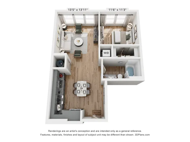 Chic apartment floor plan showcasing 1 bedroom, elegant living area, modern kitchen, and a stylish bathroom with wood flooring.