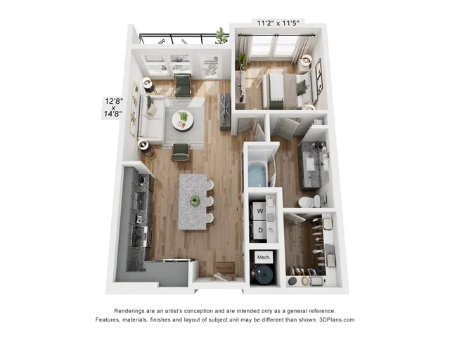 Modern 3D floor plan showcasing 1 bedroom, open-concept living and dining area, sleek kitchen, and a spacious bathroom with washer and dryer.