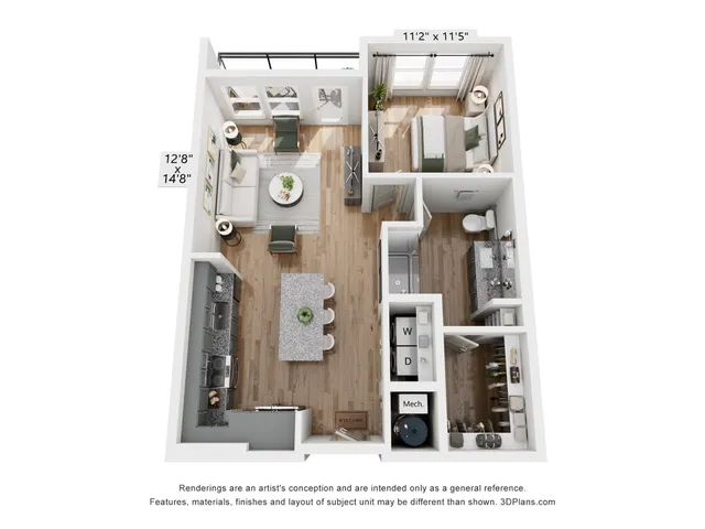 Chic open-concept apartment floor plan featuring 1 bedroom, modern kitchen, stylish living area, and spacious bathroom with in-unit laundry.