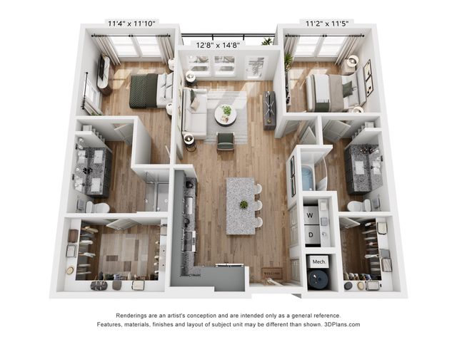 Chic 3D floor plan showcasing two spacious bedrooms, a modern open-concept living room, and a stylish kitchen, ideal for contemporary living.