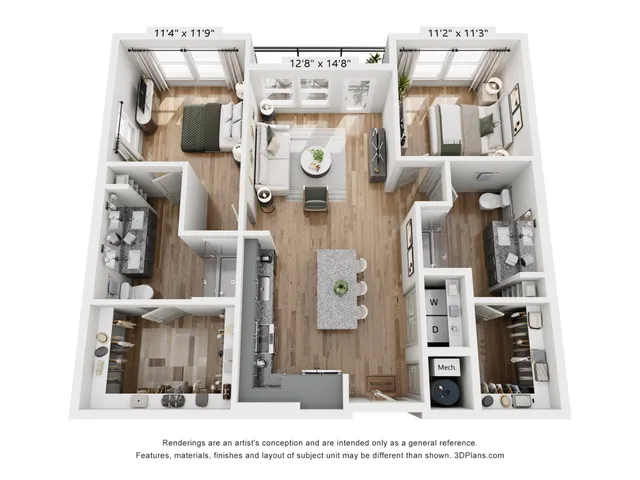 Modern 3D floor plan displaying an elegant two-bedroom apartment with spacious living area, stylish kitchen, and two luxurious bathrooms.
