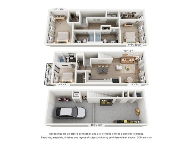 Luxurious multi-story floor plan featuring two bedrooms, stylish living and dining areas, modern kitchen, and spacious garage.