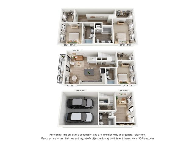 Contemporary 3D floor plan featuring two bedrooms, a cozy living area, a spacious kitchen, and a double garage.
