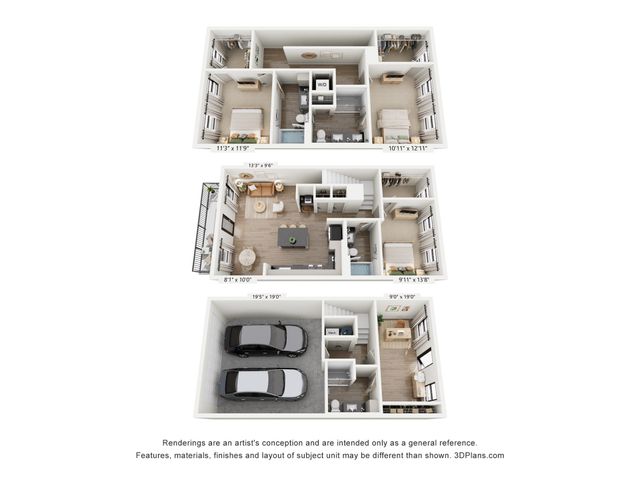 Modern 3D floor plan showcasing a stylish two-bedroom apartment with open-concept living area, spacious kitchen, two bathrooms, private balcony, and double garage.