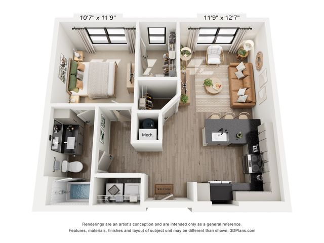 Modern 3D floor plan of a cozy one-bedroom apartment featuring an open-concept living area and kitchen with sleek finishes, a spacious bathroom, and a light-filled bedroom, perfect for contemporary living.