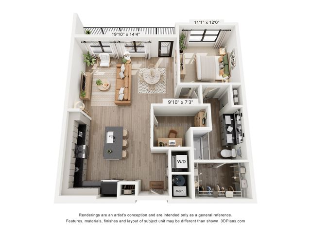 Modern 3D floor plan showcasing a chic living room, spacious bedroom, open kitchen with island seating, and a stylish bathroom.