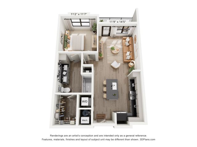 Contemporary open-concept floor plan showcasing a spacious living room and kitchen with a cozy bedroom and stylish bathroom, ideal for modern living.