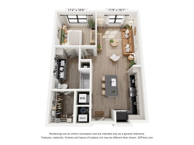 Elegant 2D floor plan showcasing a modern one-bedroom apartment with open-concept living and dining area, stylish kitchen, and spacious bathroom. Cozy and inviting ambiance with contemporary design elements.