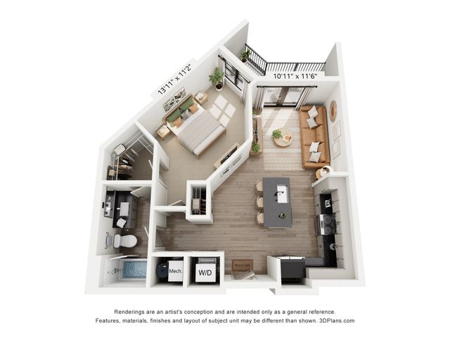 Charming 3D floor plan showcasing a single bedroom with a walk-in closet, open-concept kitchen with an island, and a cozy living area opening to a balcony.