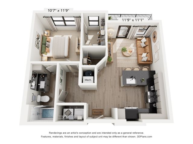 Modern 1-bedroom apartment floor plan with a spacious living area, sleek kitchen with an island, and cozy bedroom with ample light.