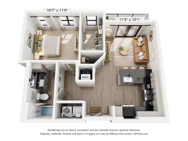 Contemporary 1-bedroom apartment floor plan with open living area, modern kitchen, and private balcony for an inviting living experience.