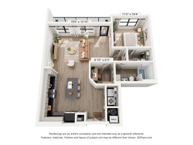 Elegant 3D floor plan showcasing a spacious one-bedroom apartment with open-concept living area, modern kitchen, and chic bathroom.