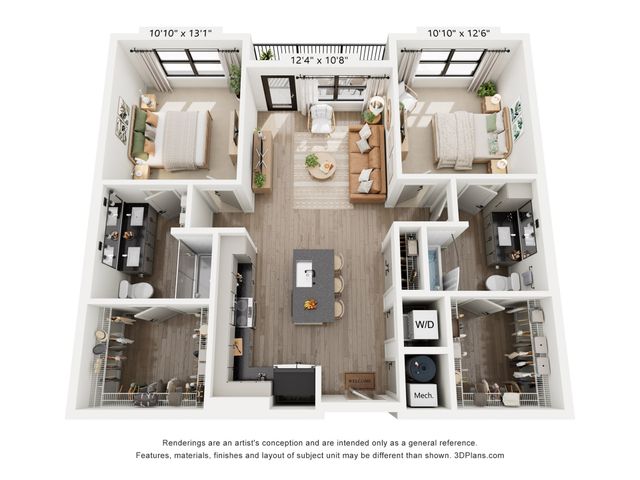 Modern 3D floor plan featuring two spacious bedrooms, elegant living area, and a gourmet kitchen with open layout.