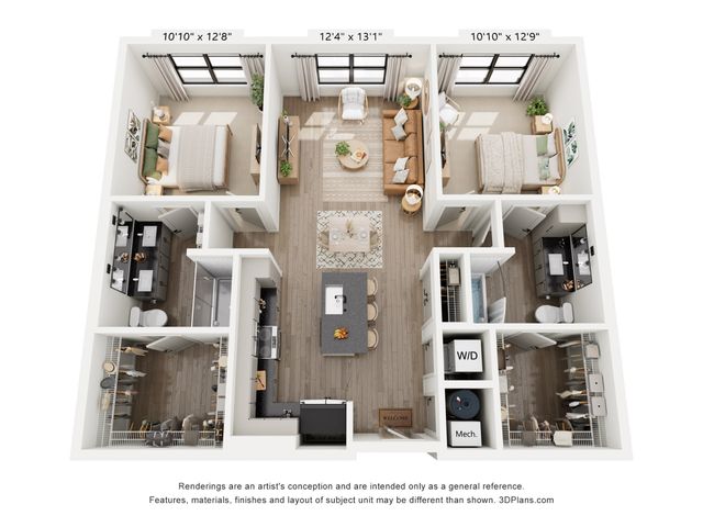 Elegant 3D apartment floor plan showcasing two spacious bedrooms, a modern open-concept living area, and a sleek kitchen design.