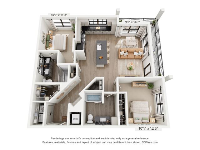 Modern open-concept floor plan featuring 2 bedrooms, a stylish kitchen, inviting living area, and spacious balcony.