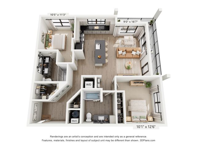 Elegant 3D floor plan showcasing a modern apartment with 2 spacious bedrooms, open-concept kitchen, cozy living area, and stylish dining space, perfect for contemporary living.