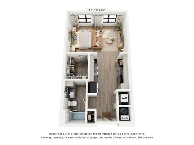 Inviting studio apartment floor plan showcasing a cozy living area, modern kitchen, and convenient laundry space. Perfect for compact living with style and functionality.